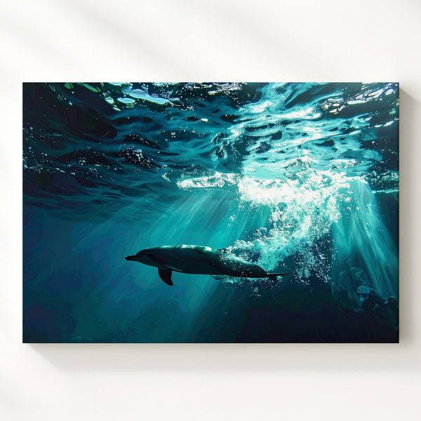 Grace in Motion Canvas – Serene Underwater Dolphin Silhouette