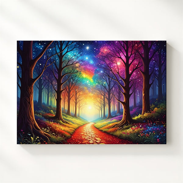 Rainbow Forest Portal Canvas – Dreamlike Path to the Stars Wall Art - Gifitto