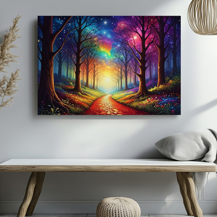 Rainbow Forest Portal Canvas – Dreamlike Path to the Stars Wall Art - Gifitto