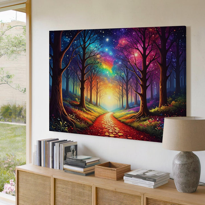 Rainbow Forest Portal Canvas – Dreamlike Path to the Stars Wall Art - Gifitto