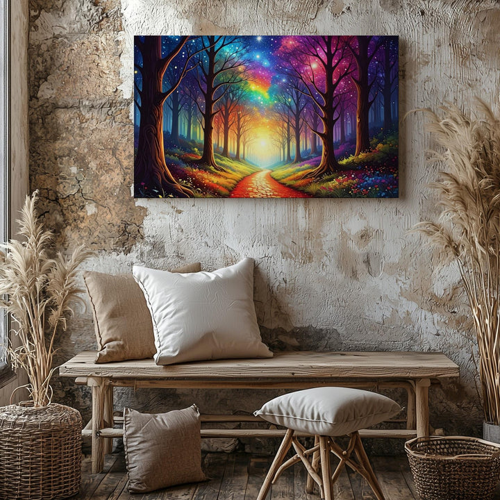 Rainbow Forest Portal Canvas – Dreamlike Path to the Stars Wall Art - Gifitto