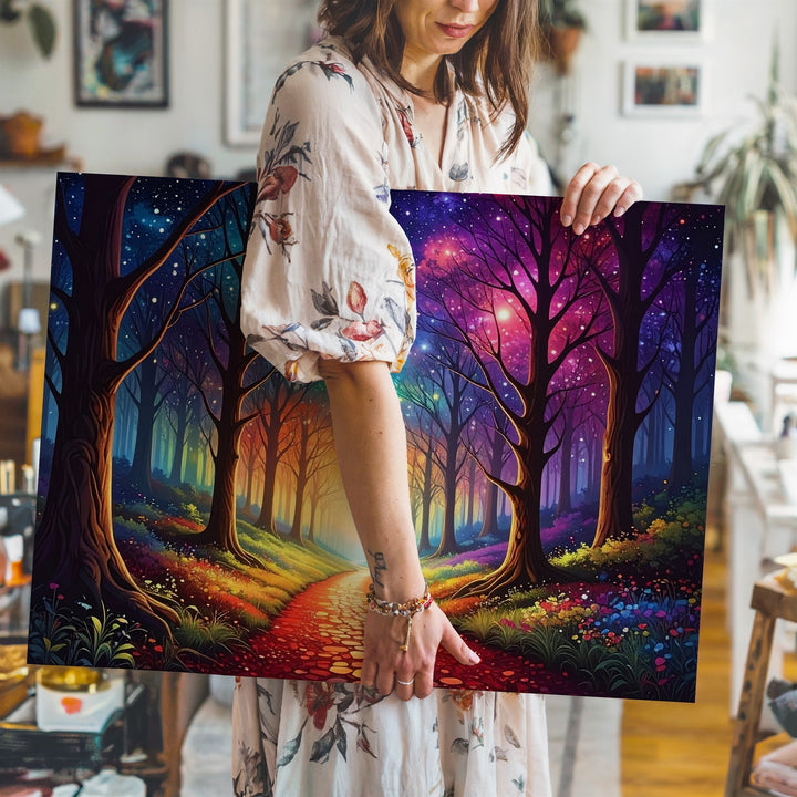 Rainbow Forest Portal Canvas – Dreamlike Path to the Stars Wall Art - Gifitto