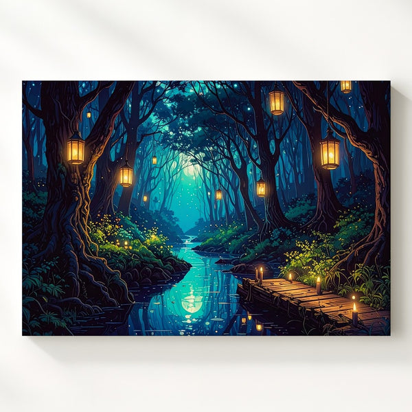 Enchanted Forest Lantern Canvas – Magical Creek and Mystical Path Wall Art - Gifitto