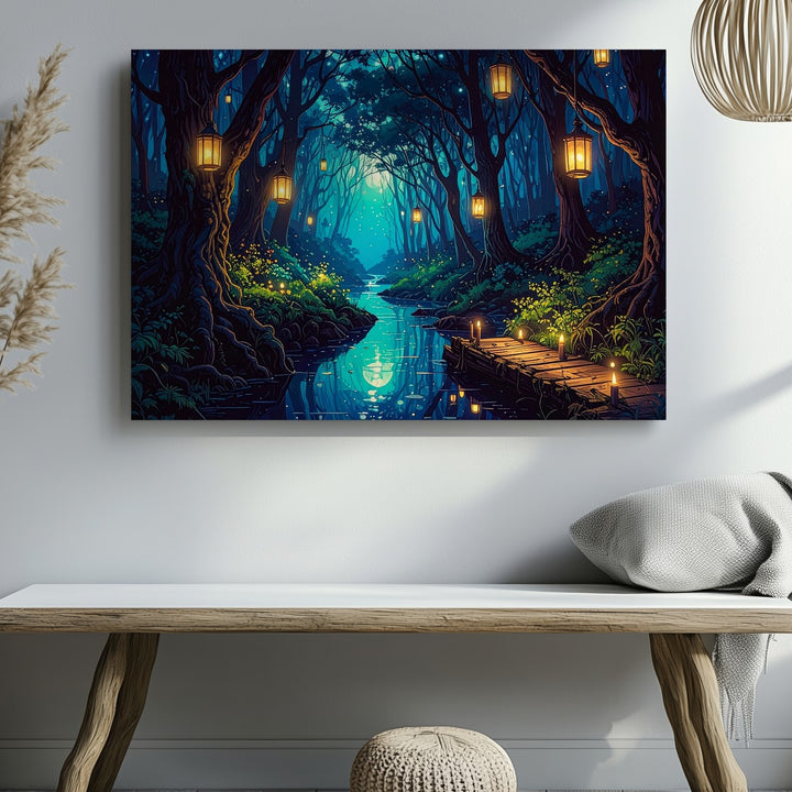Enchanted Forest Lantern Canvas – Magical Creek and Mystical Path Wall Art - Gifitto