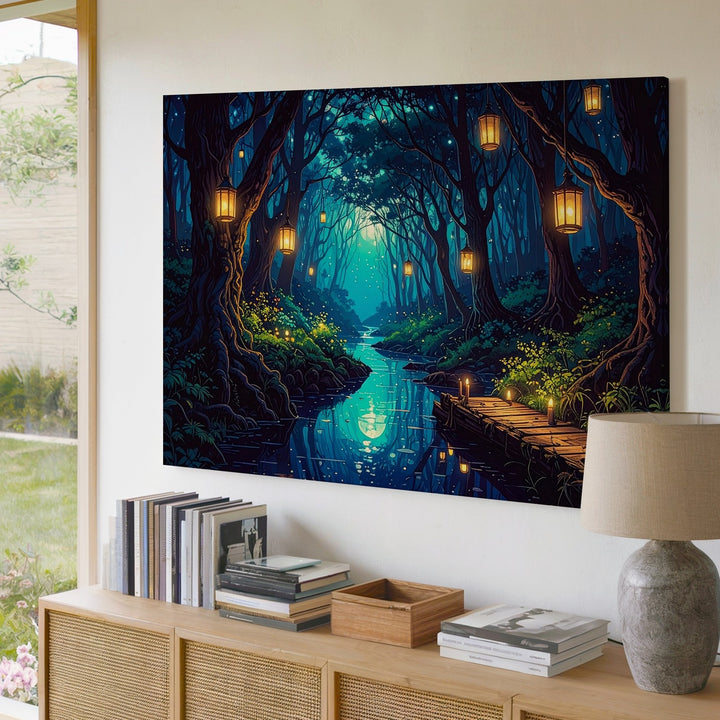 Enchanted Forest Lantern Canvas – Magical Creek and Mystical Path Wall Art - Gifitto