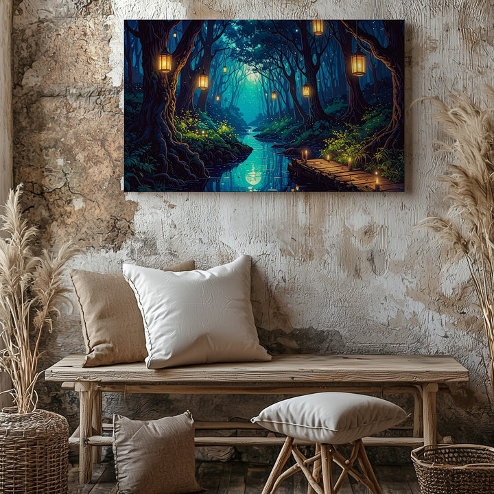 Enchanted Forest Lantern Canvas – Magical Creek and Mystical Path Wall Art - Gifitto