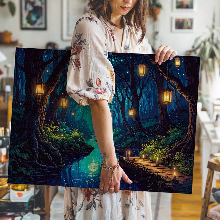 Enchanted Forest Lantern Canvas – Magical Creek and Mystical Path Wall Art - Gifitto
