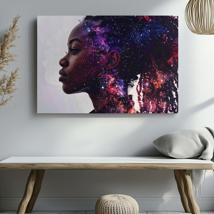 Inner Universe Silhouette Canvas – Cosmic Woman Profile with Galaxy Texture - Gifitto