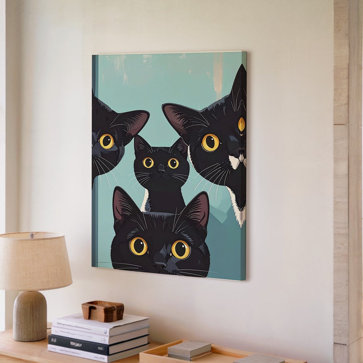 Curious Cat Trio Canvas – Whimsical Peeking Feline Wall Art - Gifitto