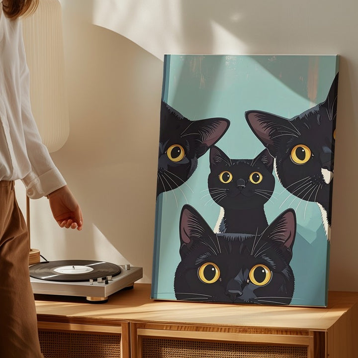 Curious Cat Trio Canvas – Whimsical Peeking Feline Wall Art - Gifitto
