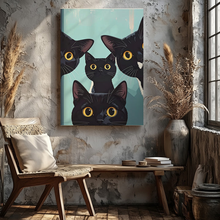 Curious Cat Trio Canvas – Whimsical Peeking Feline Wall Art - Gifitto