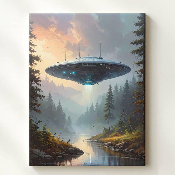 Futuristic UFO Visit Canvas – Sleek Craft & Tranquil Forest at Dusk Art - Gifitto