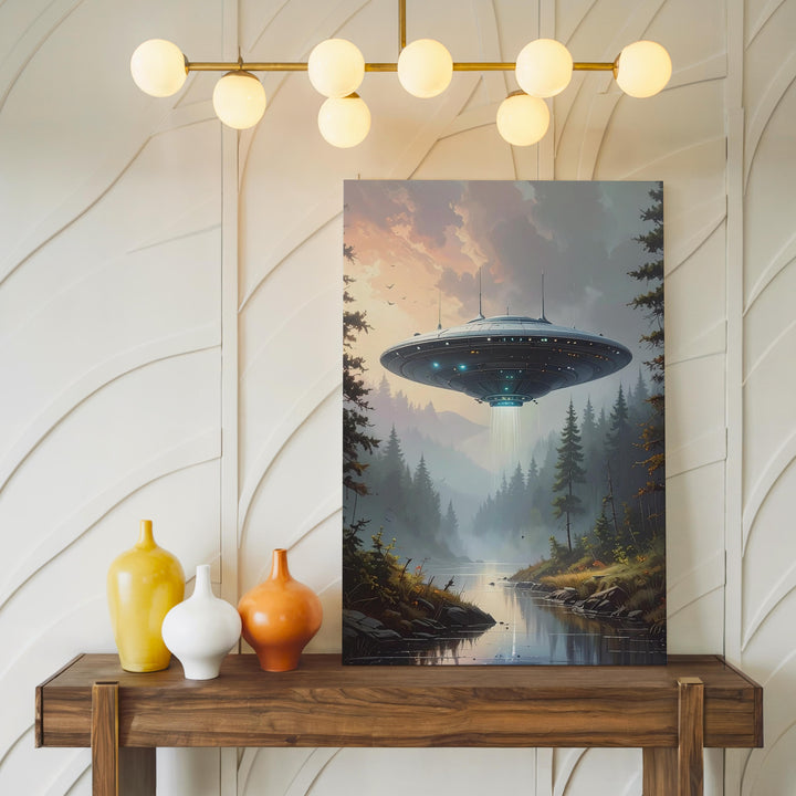 Futuristic UFO Visit Canvas – Sleek Craft & Tranquil Forest at Dusk Art - Gifitto