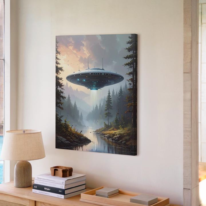 Futuristic UFO Visit Canvas – Sleek Craft & Tranquil Forest at Dusk Art - Gifitto