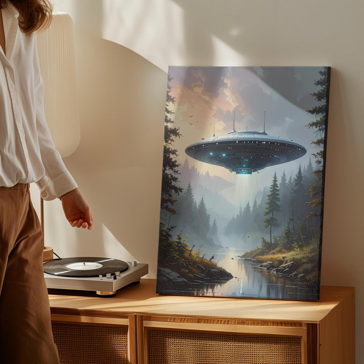 Futuristic UFO Visit Canvas – Sleek Craft & Tranquil Forest at Dusk Art - Gifitto