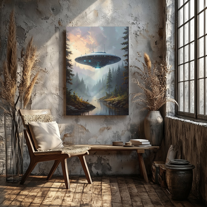 Futuristic UFO Visit Canvas – Sleek Craft & Tranquil Forest at Dusk Art - Gifitto