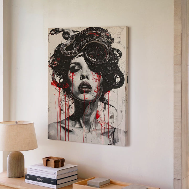 Crimson Tears Medusa Canvas – Graphic Black & White Myth Horror Art - Gifitto