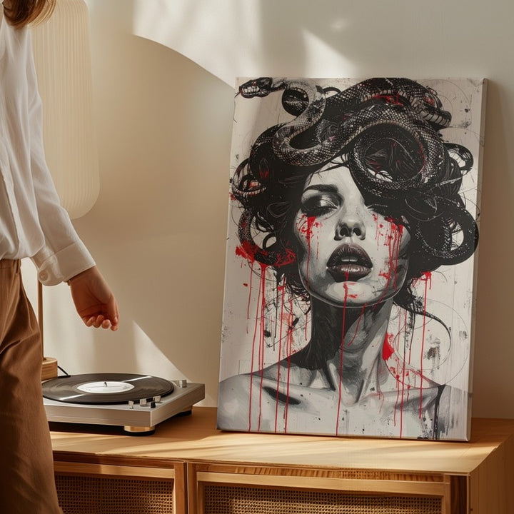 Crimson Tears Medusa Canvas – Graphic Black & White Myth Horror Art - Gifitto