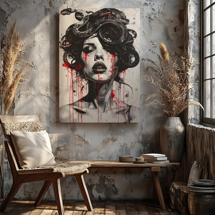 Crimson Tears Medusa Canvas – Graphic Black & White Myth Horror Art - Gifitto