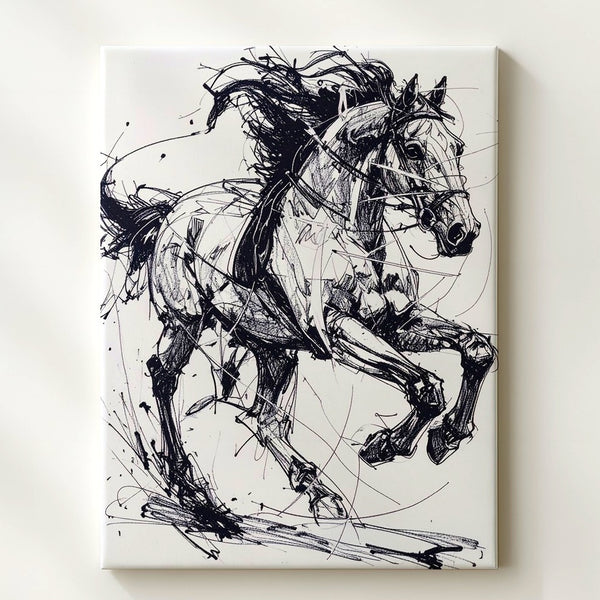 Motion Line Horse Canvas – Abstract Galloping Sketch in Black Ink - Gifitto