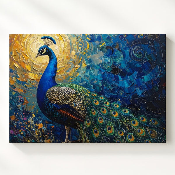 Bold Peacock Canvas – Vibrant Impasto Painting with Golden Sun Wall Art - Gifitto