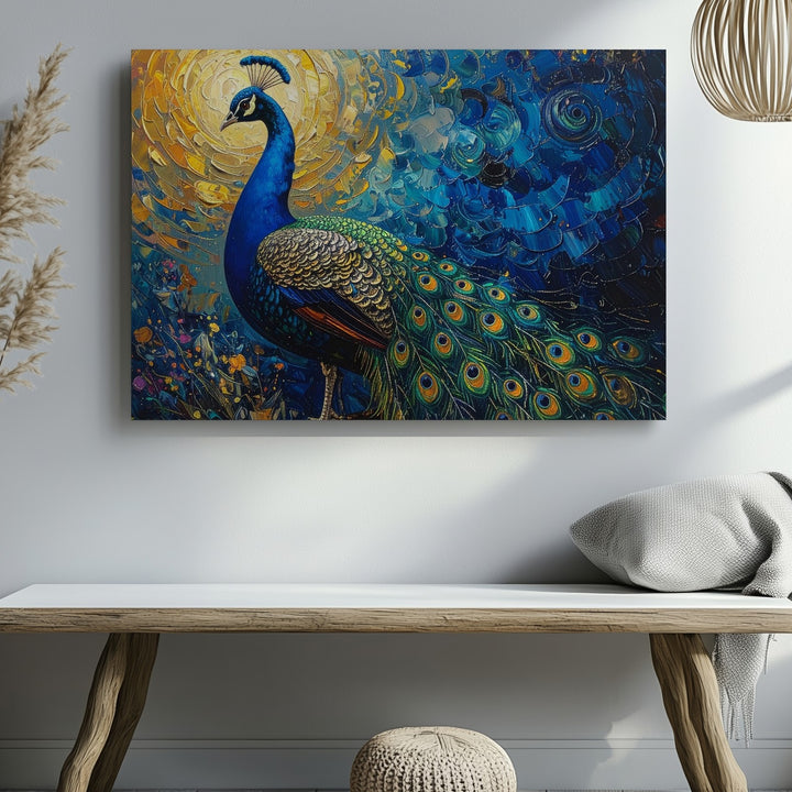 Bold Peacock Canvas – Vibrant Impasto Painting with Golden Sun Wall Art - Gifitto