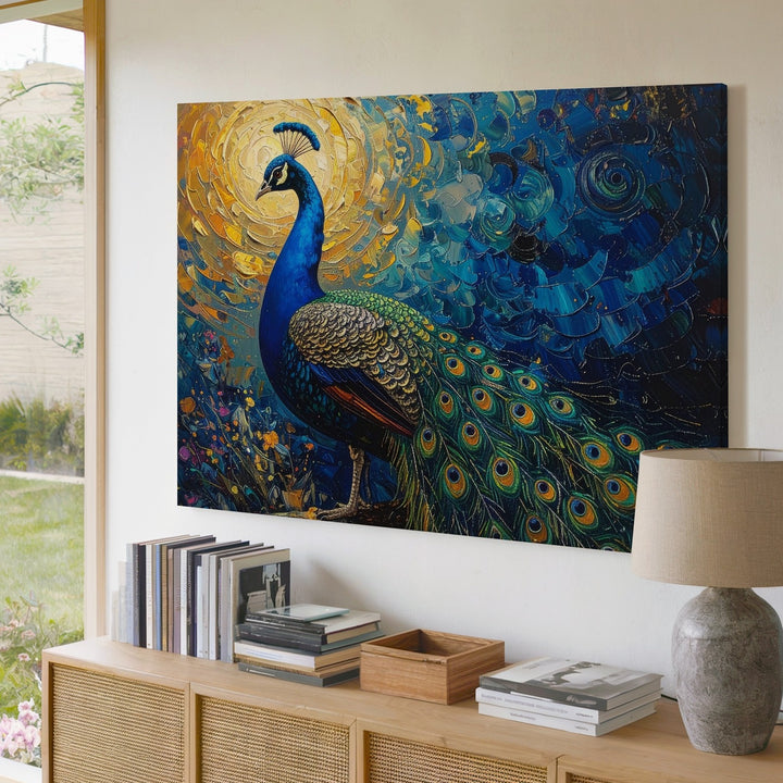 Bold Peacock Canvas – Vibrant Impasto Painting with Golden Sun Wall Art - Gifitto