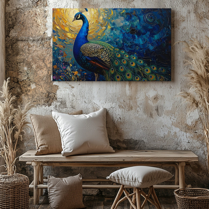 Bold Peacock Canvas – Vibrant Impasto Painting with Golden Sun Wall Art - Gifitto