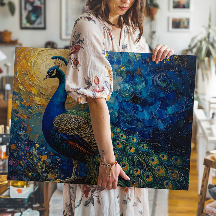 Bold Peacock Canvas – Vibrant Impasto Painting with Golden Sun Wall Art - Gifitto