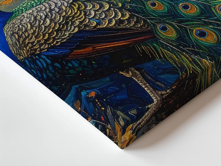 Bold Peacock Canvas – Vibrant Impasto Painting with Golden Sun Wall Art - Gifitto