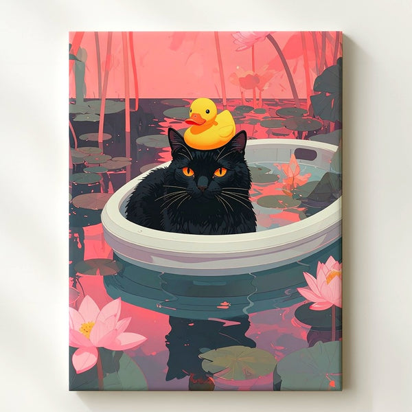 Lotus Pond Cat Canvas – Surreal Black Cat in Boat with Duck Wall Art - Gifitto