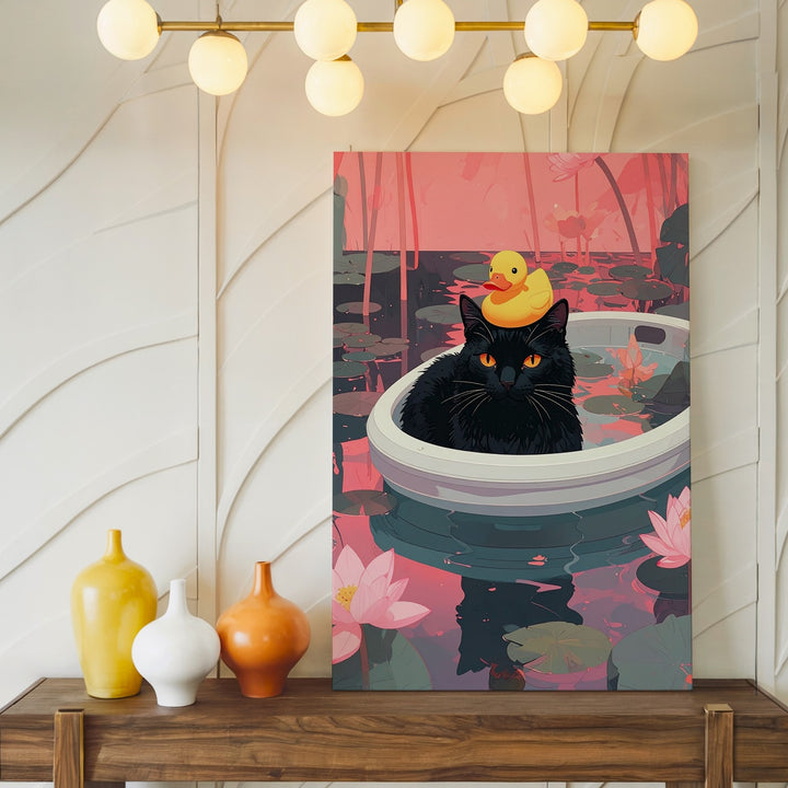 Lotus Pond Cat Canvas – Surreal Black Cat in Boat with Duck Wall Art - Gifitto