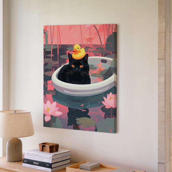 Lotus Pond Cat Canvas – Surreal Black Cat in Boat with Duck Wall Art - Gifitto