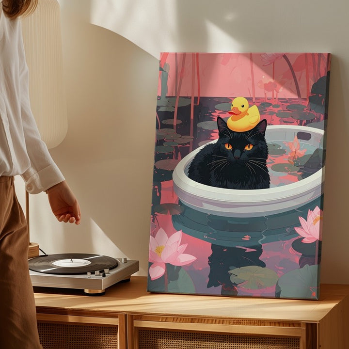 Lotus Pond Cat Canvas – Surreal Black Cat in Boat with Duck Wall Art - Gifitto
