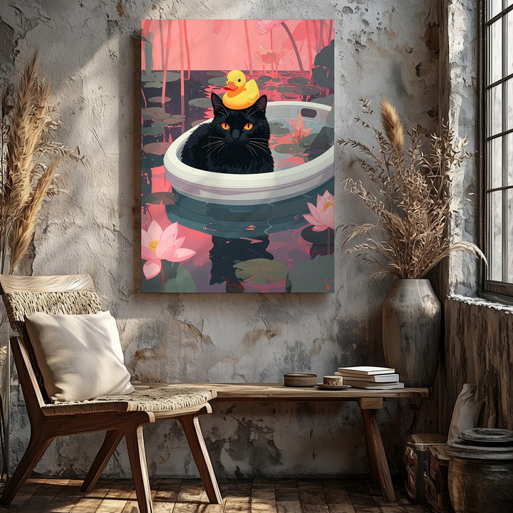 Lotus Pond Cat Canvas – Surreal Black Cat in Boat with Duck Wall Art - Gifitto