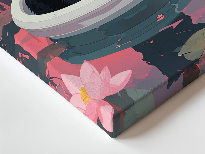 Lotus Pond Cat Canvas – Surreal Black Cat in Boat with Duck Wall Art - Gifitto