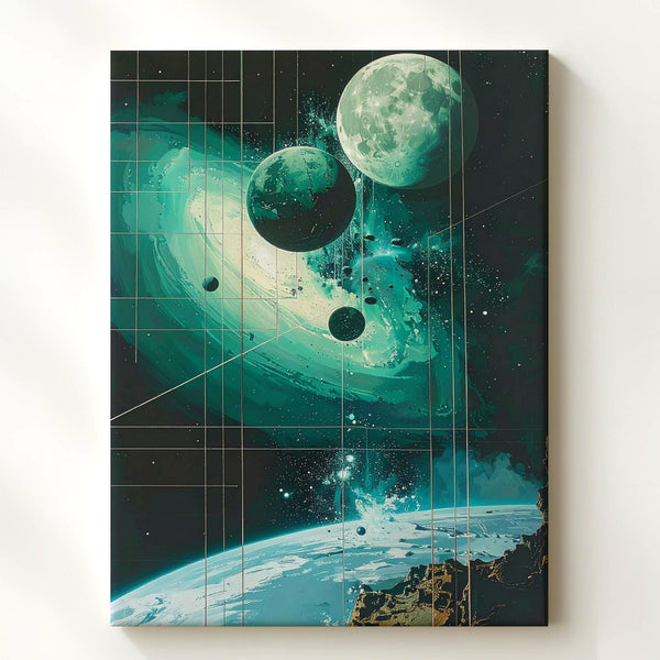Cosmic Portal Canvas – Floating Planets & Energy Swirls in Deep Space Art - Gifitto
