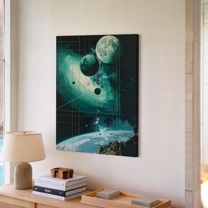 Cosmic Portal Canvas – Floating Planets & Energy Swirls in Deep Space Art - Gifitto