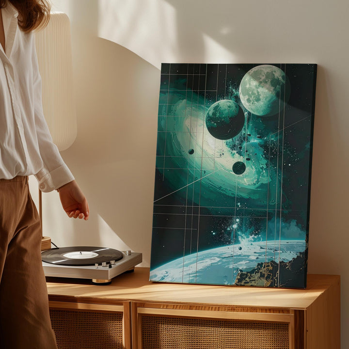 Cosmic Portal Canvas – Floating Planets & Energy Swirls in Deep Space Art - Gifitto