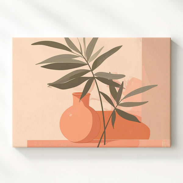 Minimalist Still Life Canvas – Peach Vase with Green Branch & Abstract Table - Gifitto