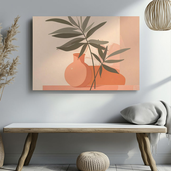 Minimalist Still Life Canvas – Peach Vase with Green Branch & Abstract Table - Gifitto