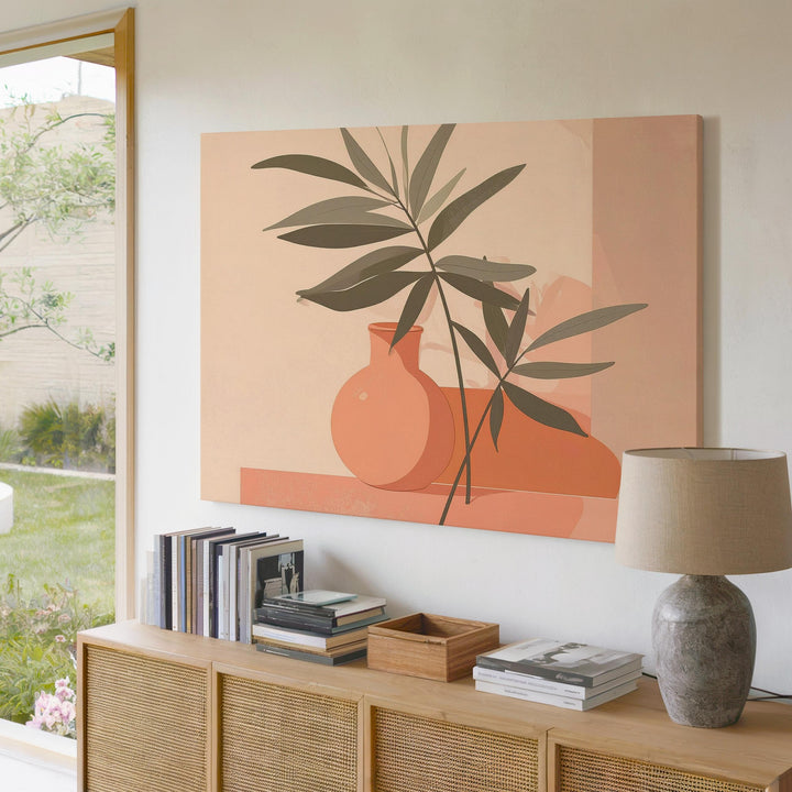 Minimalist Still Life Canvas – Peach Vase with Green Branch & Abstract Table - Gifitto