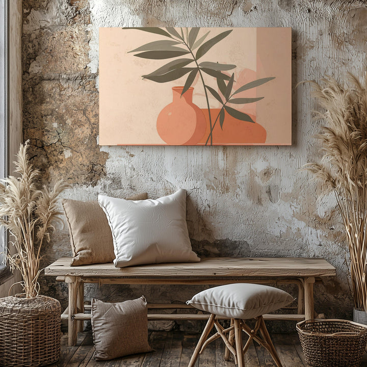 Minimalist Still Life Canvas – Peach Vase with Green Branch & Abstract Table - Gifitto