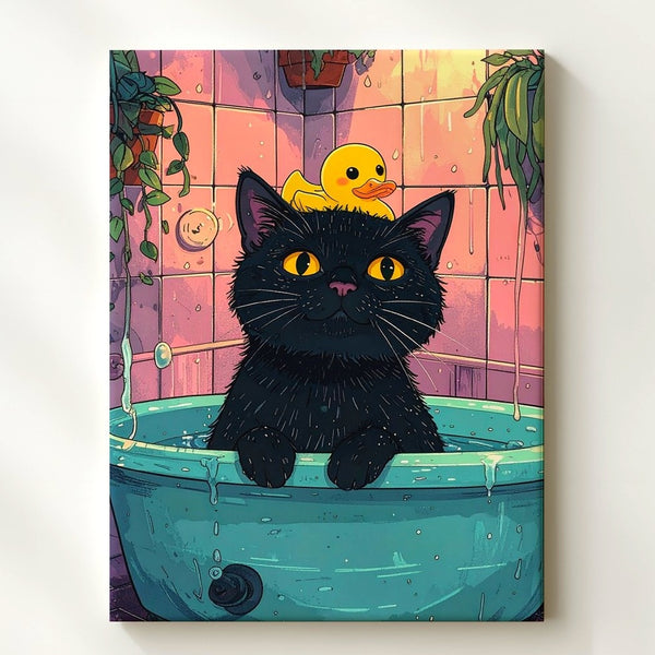 Bathtub Surprise Cat Canvas – Funny Black Cat & Duck Retro Bathroom Art - Gifitto