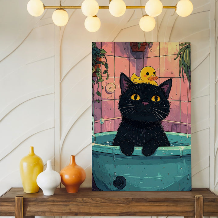 Bathtub Surprise Cat Canvas – Funny Black Cat & Duck Retro Bathroom Art - Gifitto