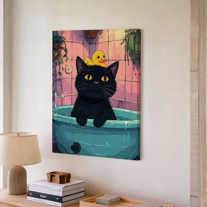 Bathtub Surprise Cat Canvas – Funny Black Cat & Duck Retro Bathroom Art - Gifitto