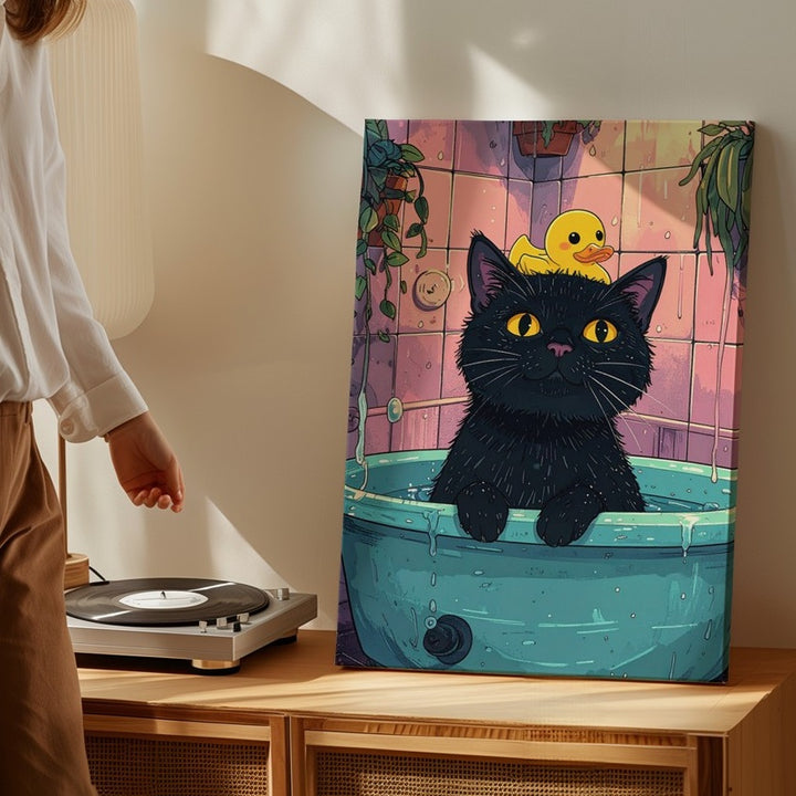 Bathtub Surprise Cat Canvas – Funny Black Cat & Duck Retro Bathroom Art - Gifitto
