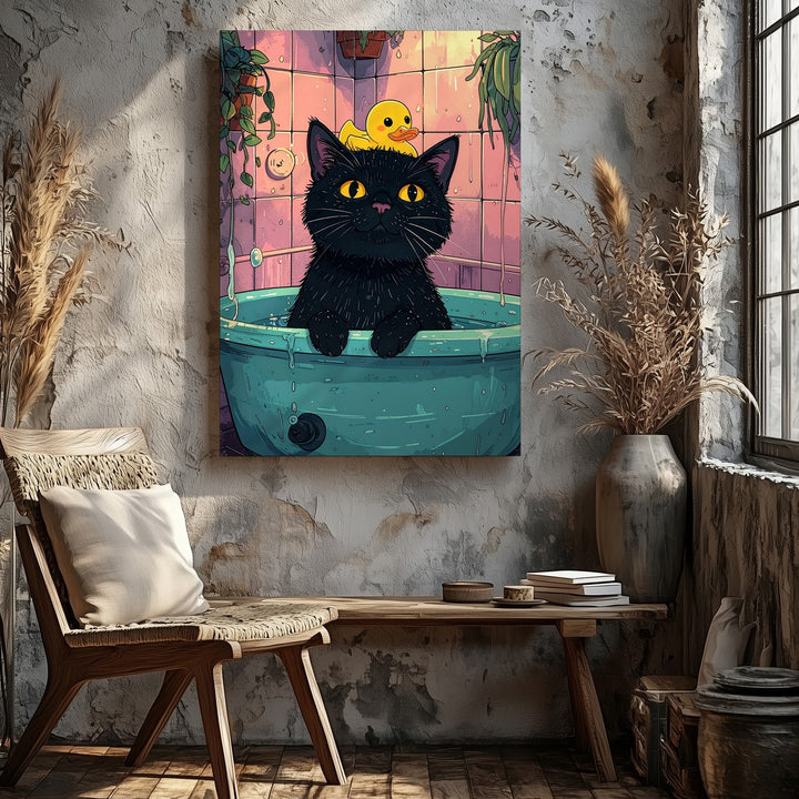 Bathtub Surprise Cat Canvas – Funny Black Cat & Duck Retro Bathroom Art - Gifitto