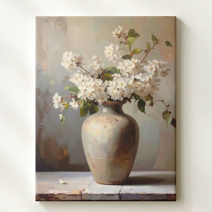 Vintage Still Life Canvas – White Flowering Branches in Ceramic Vase - Gifitto