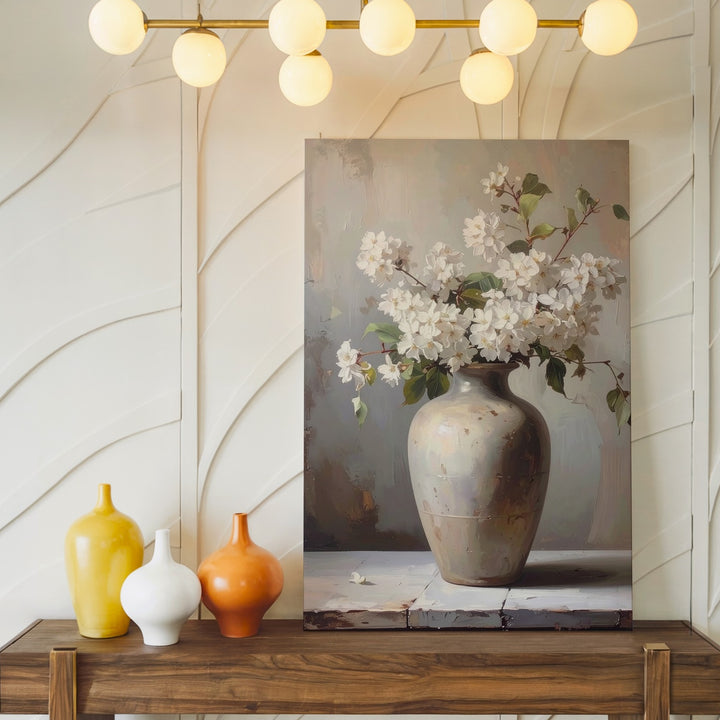 Vintage Still Life Canvas – White Flowering Branches in Ceramic Vase - Gifitto
